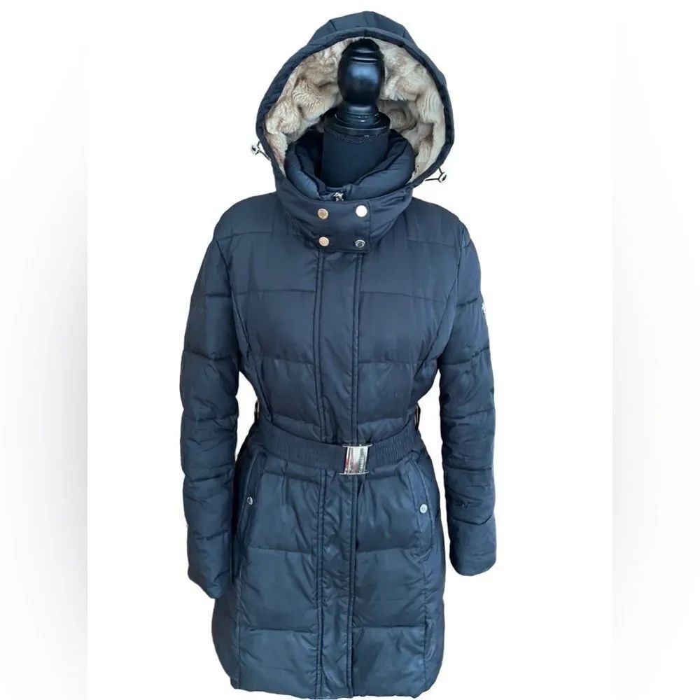 Calvin Klein belted black puffer coat with detachable hood and faux fur lining